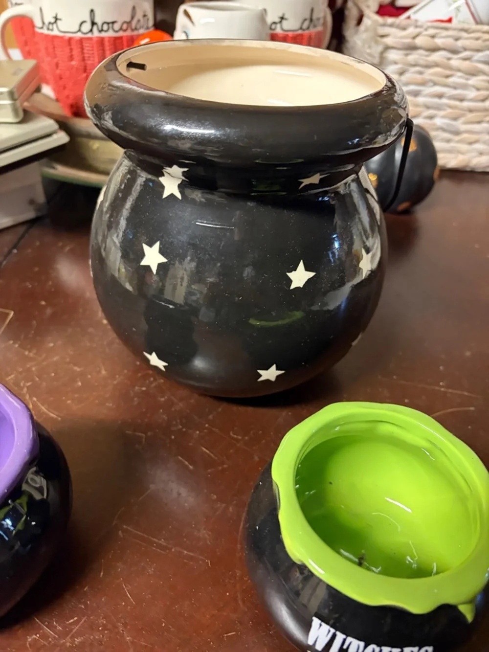 Happy Halloween Ceramic Cauldron Candle Holder - Black with Multicolor Lettering